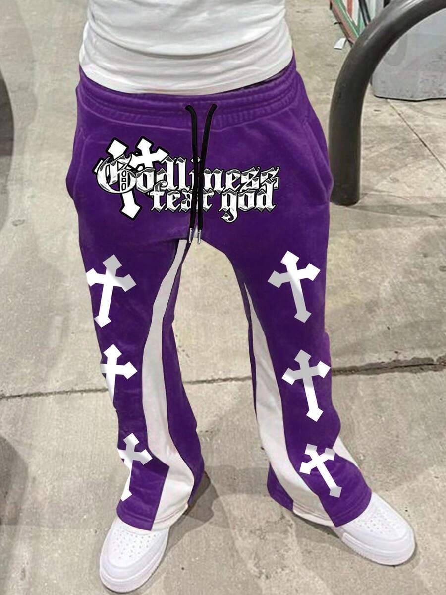 Retro Letter Print Mens Loose Casual Pants