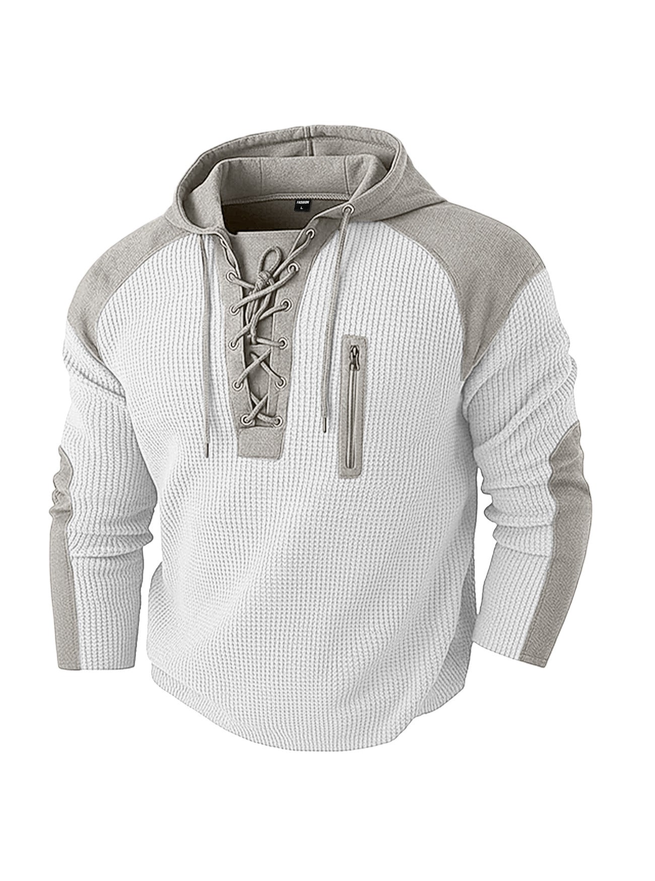 Mens Drawstring Hoodie Waffle-Weave Sweatshirt