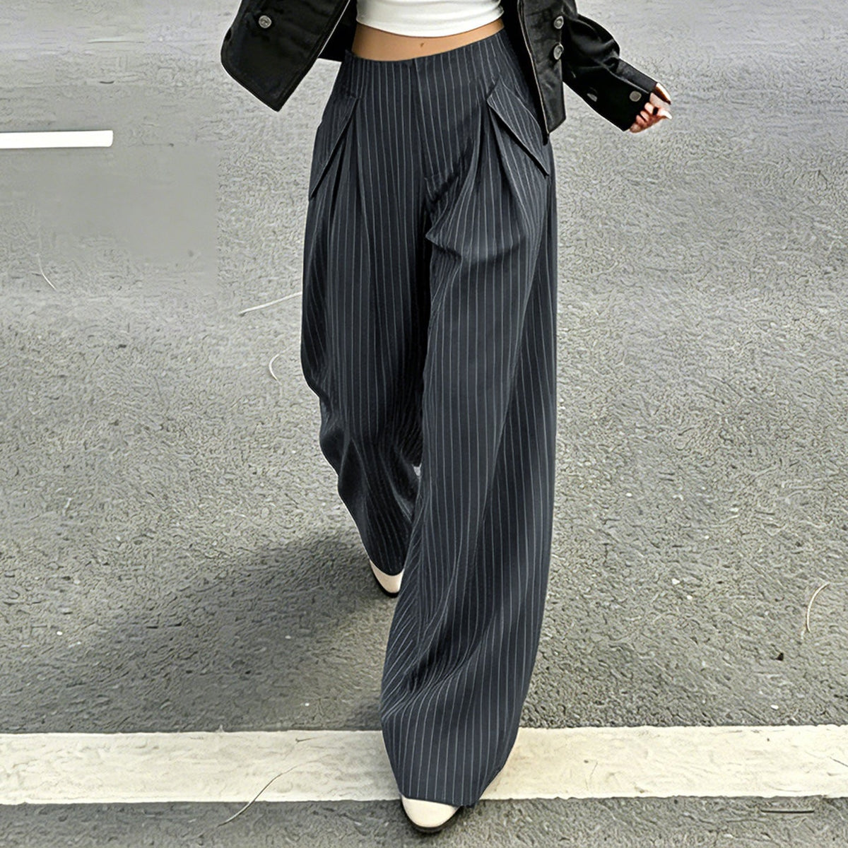 Women's Dark Gray Pinstripe Wide-Leg Pants