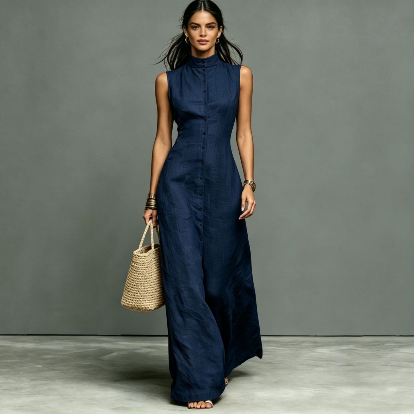 Women's Stand-Collar Single-Breasted Sleeveless Midi Dress
