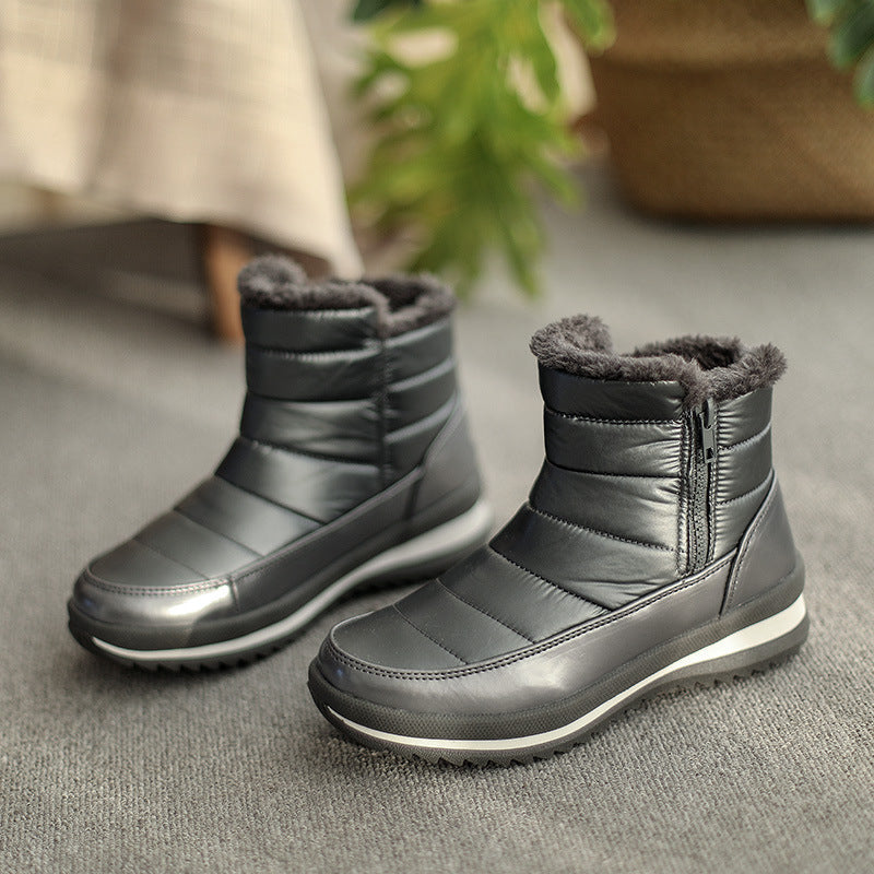 Plush-Lined Round-Toe Flat Short Winter Boots