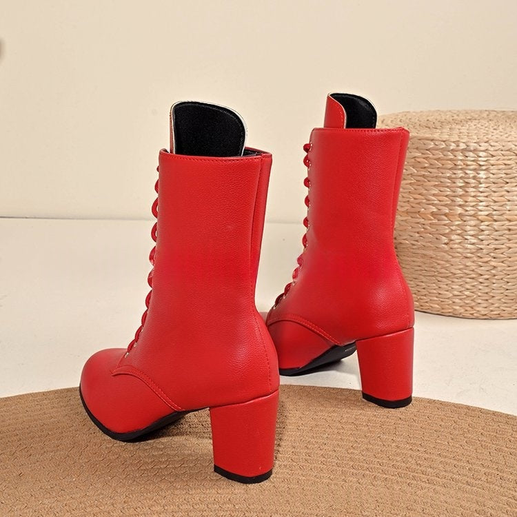 Womens Fashionable Block-heeled Lace-up Boots In Large Sizes