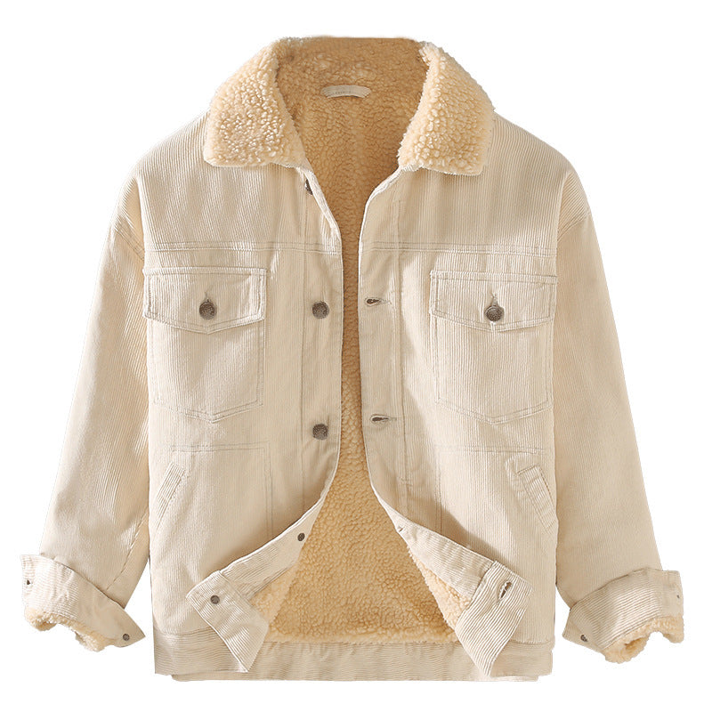 Men's Corduroy Workwear American Retro Lapels Jacket Heavy Imitation Lamb Wool Thickened Cotton-padded Coat