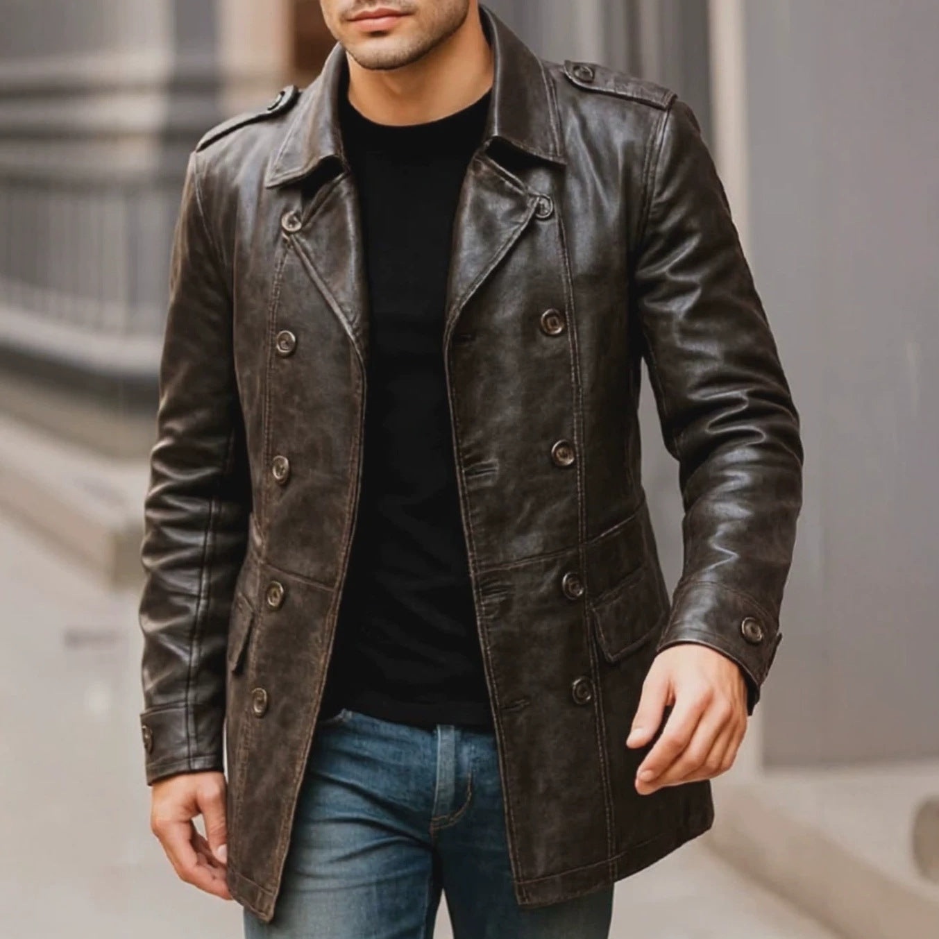 Mens Lapel-collar Double-breasted Slim-fit Leather Jacket