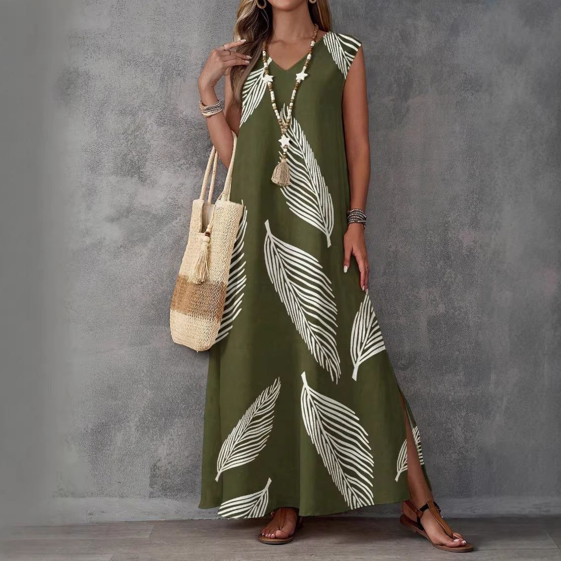 Printed V-Neck Sleeveless High-Waist Maxi Dress | 3 Colors