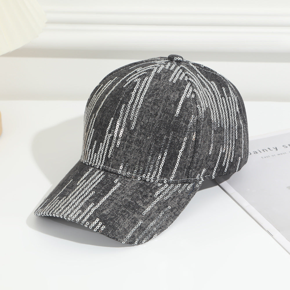 Full-pattern Vertical Sequin Washed Denim Baseball Cap, Suitable For Women's Outdoor Outings And Date Occasions, Versatile And Easy To Wear
