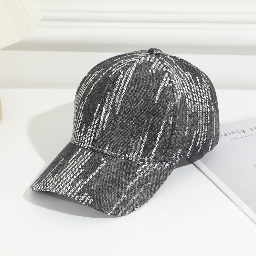 Full-pattern Vertical Sequin Washed Denim Baseball Cap, Suitable For Women's Outdoor Outings And Date Occasions, Versatile And Easy To Wear