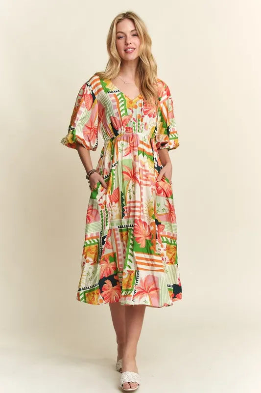 New Summer Floral V-Neck Puff Sleeve Midi Dress For Women – Feminine, Charming, Elegant, Eye-Catching, Perfect for Any Occasion