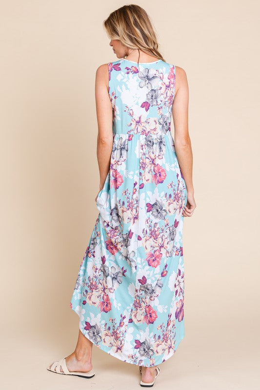 New Floral Round Neck Sleeveless Maxi Dress with Pockets For Women – Elegant Floral Print Dress with Flowing Silhouette and Functional Pockets