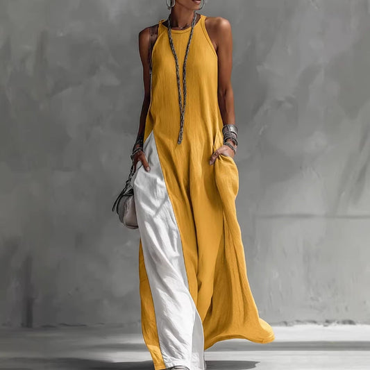 Women's Sleeveless Loose Contrast Color Dress with Pockets