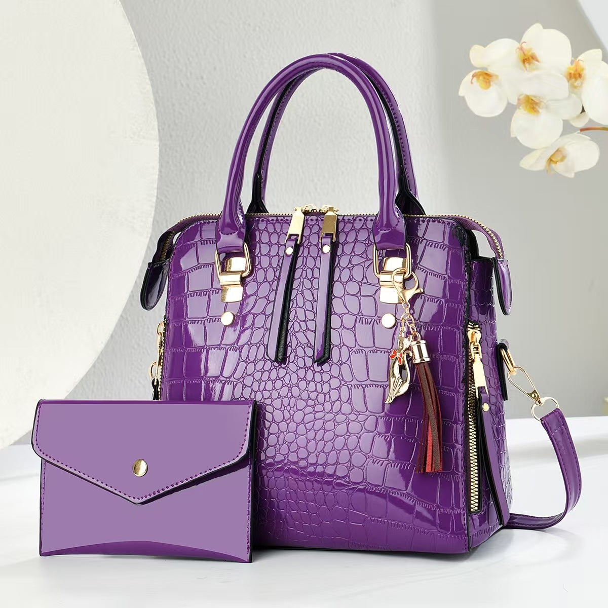 Womens Fashion Crocodile-Print Set Of Two Handbag And Crossbody Bag
