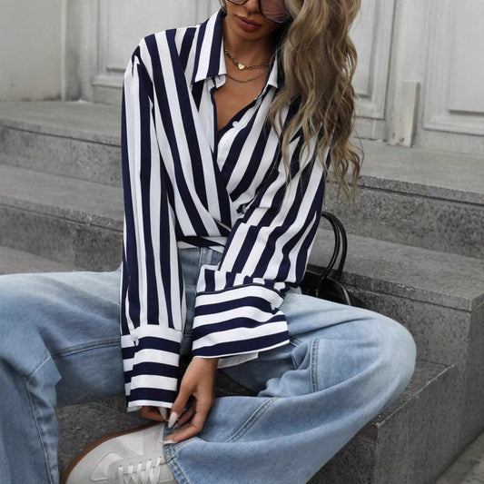 Women's Striped Long-Sleeve Loose Shirt – S–2XL