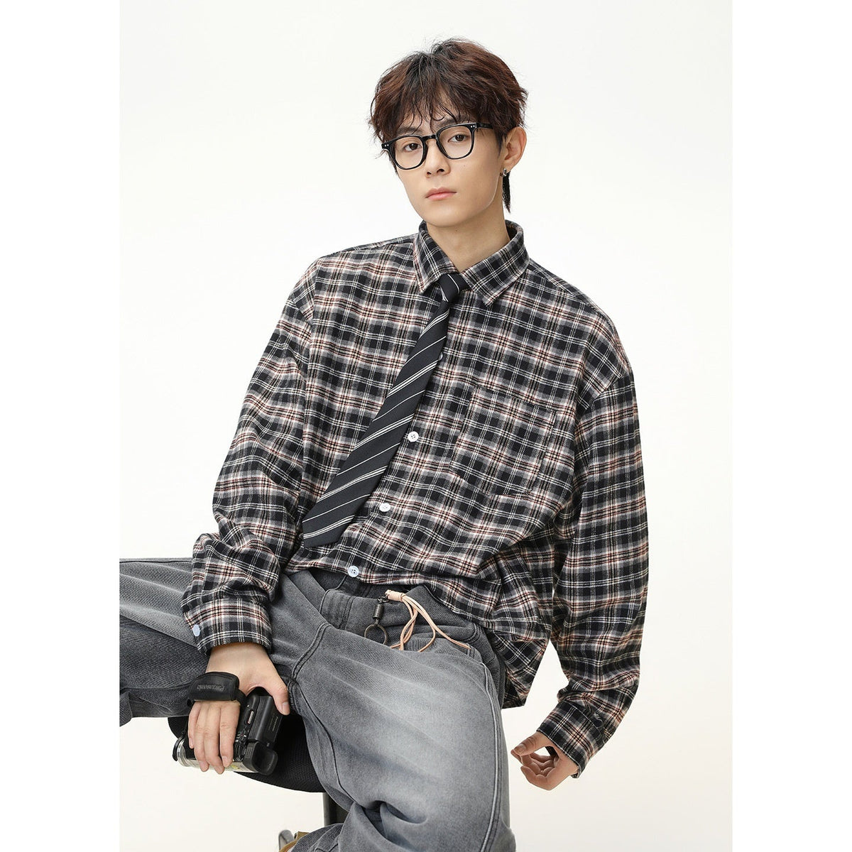Mens American-Style Retro Color-Block Plaid Long-Sleeve Shirt