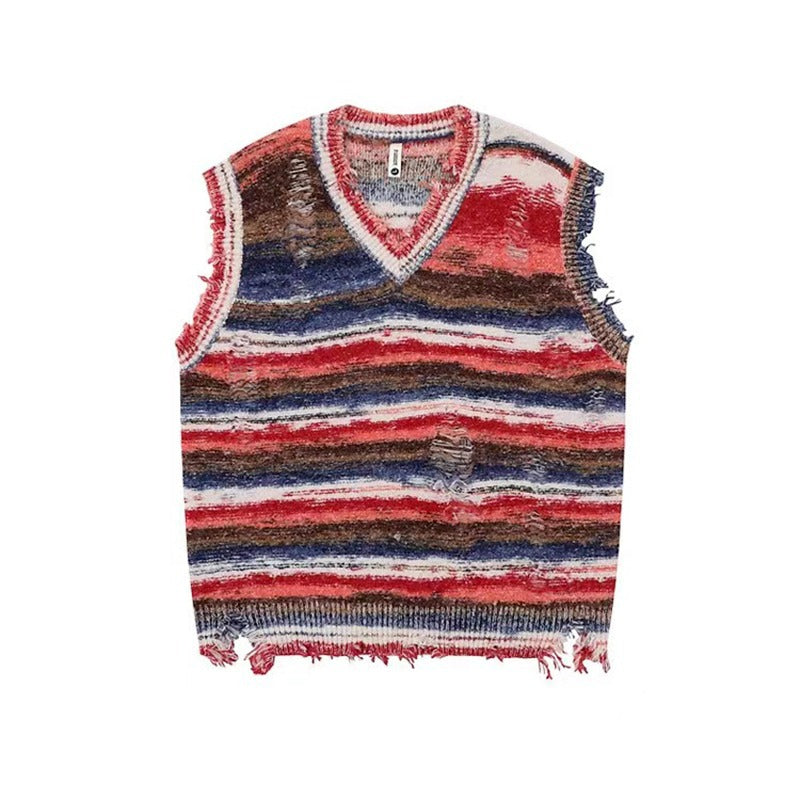 Retro Relaxed Color-block Striped Sleeveless Knit Vest