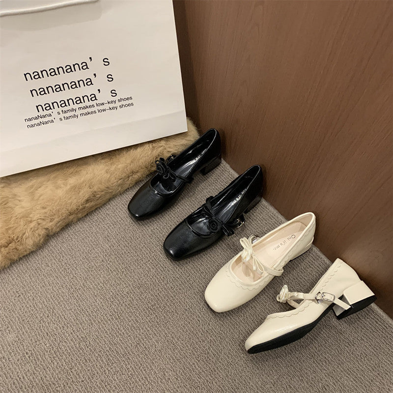 2026 Spring New Women French Bow Square Toe Block Heel Mary Jane Shoes For Dresses