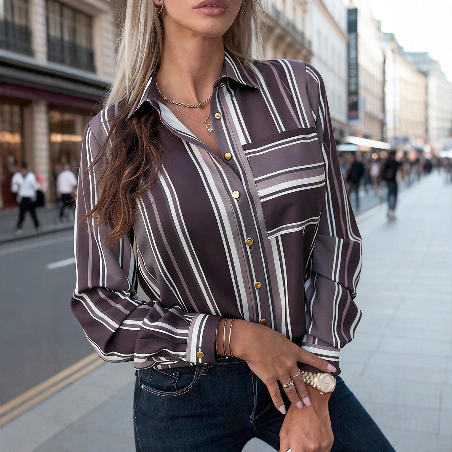 Elegant Sophisticated Striped Patchwork Print Blouse With Long Sleeves For Workwear