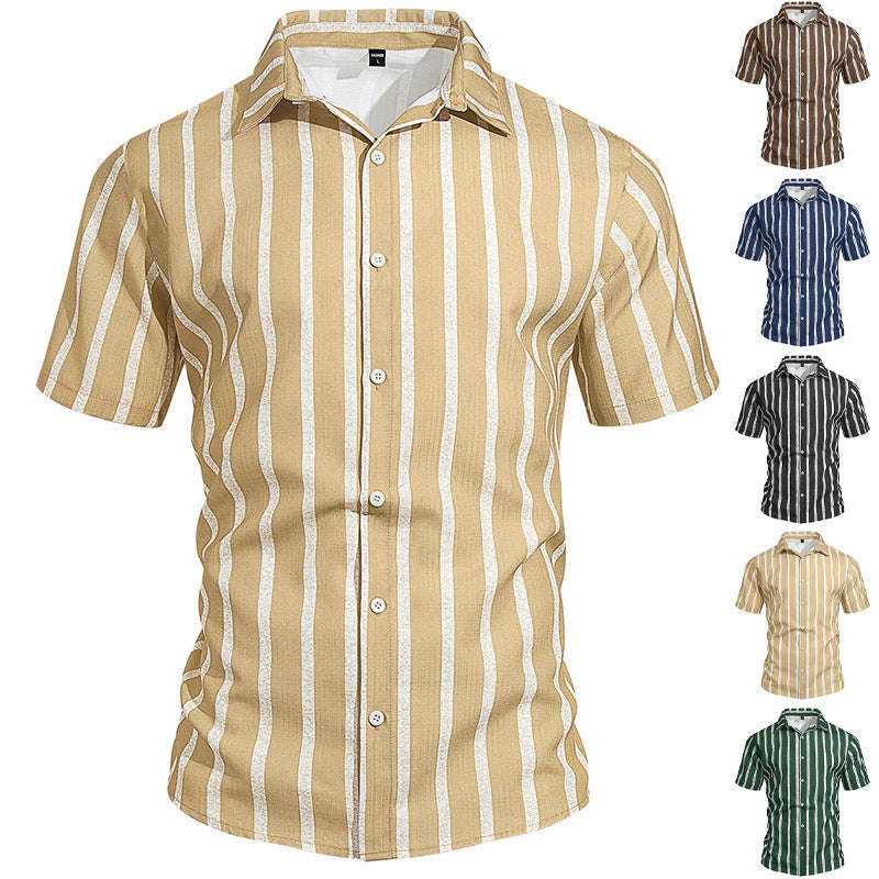 Men's Plus-Size Light Mature Lapel Striped Short-Sleeve Shirt