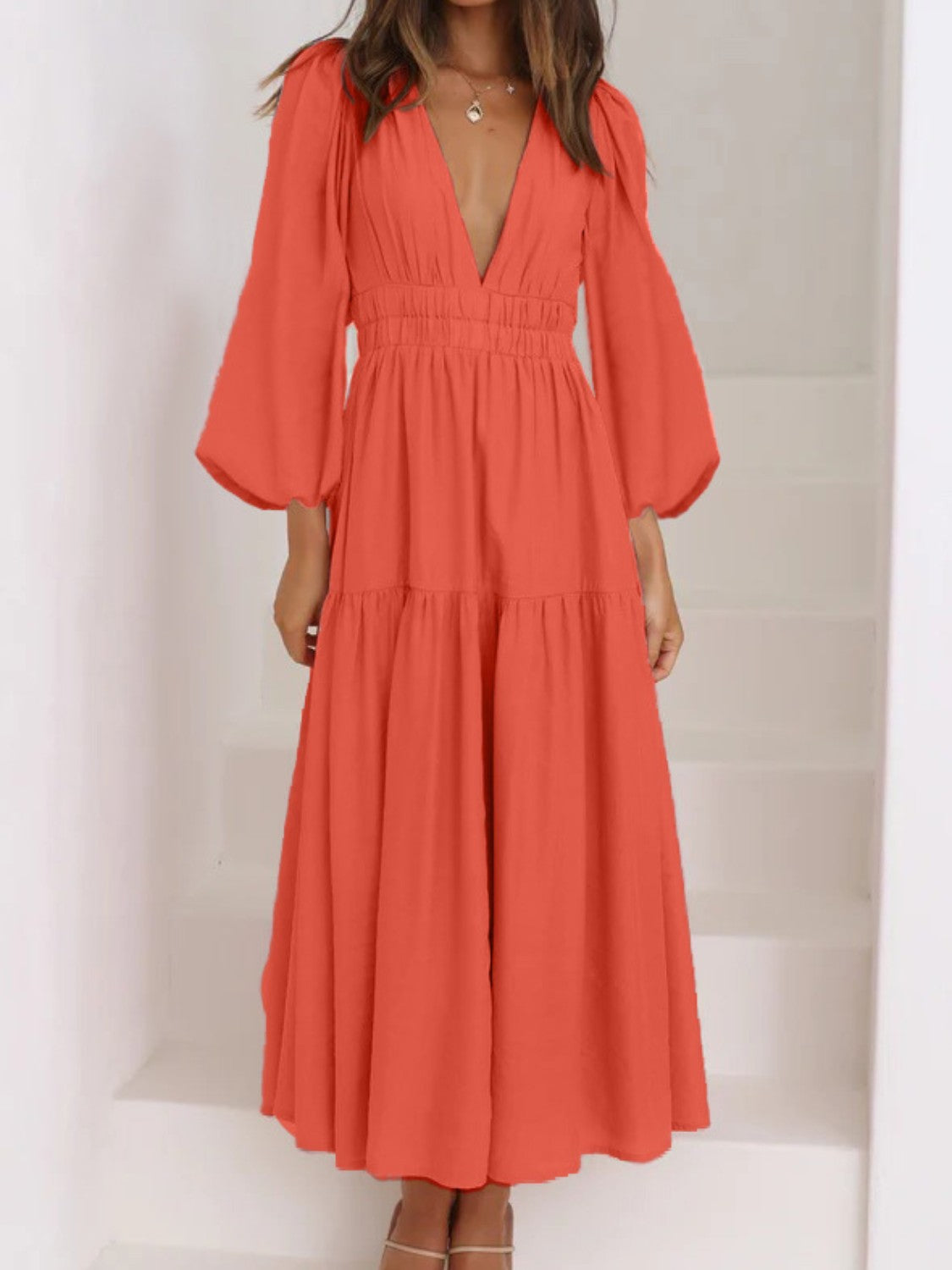 Lightweight Deep V-Neck Balloon Sleeve Maxi Dress Elegant & Flowing Silhouette Unique Dress