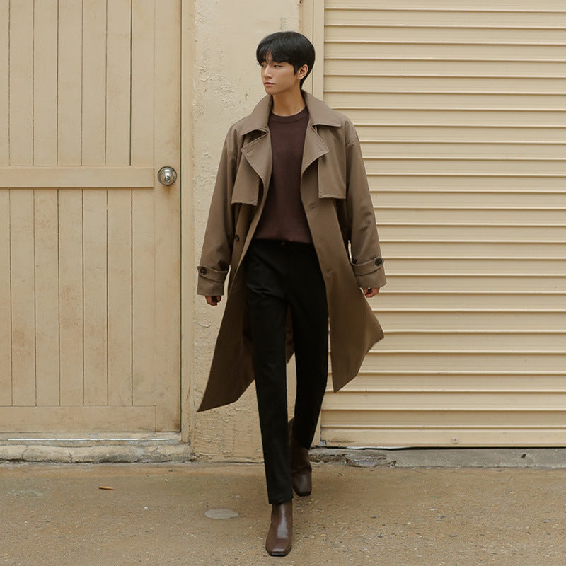 Double Breasted Trench Coat Men Mid Length Loose