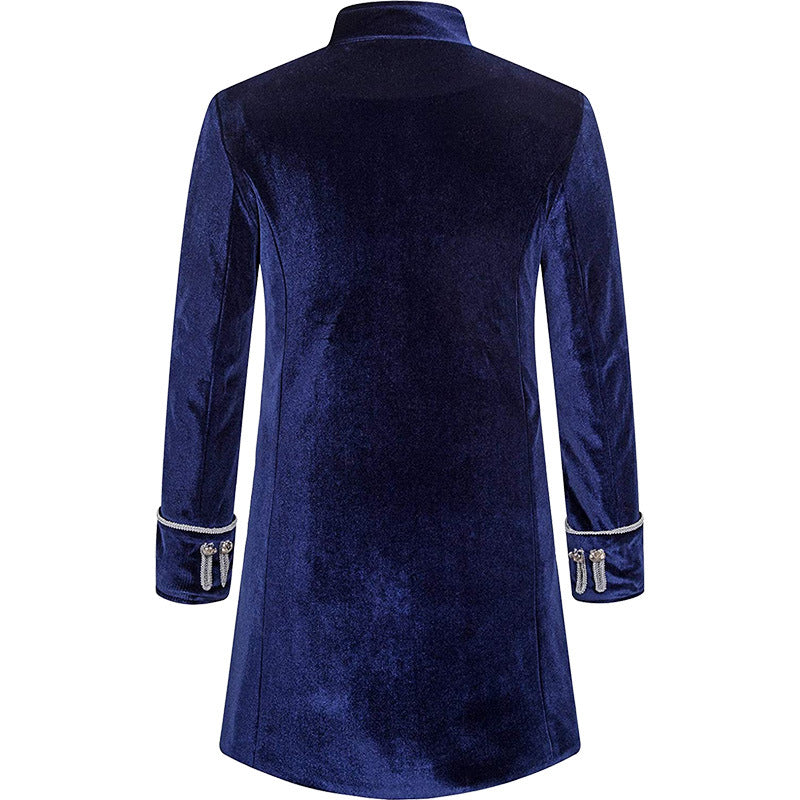 Mens Solid-Color Steampunk Velvet Uniform Stand-Up Collar Coat