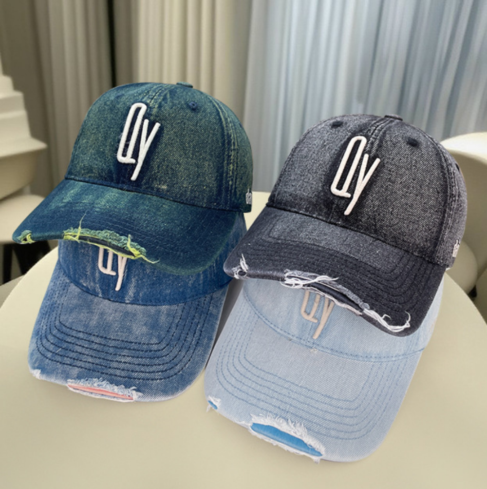 Retro Washed Distressed Denim Baseball Cap With Patch Holes And Embroidered Letter QY Soft Top Casual And Versatile Beanie