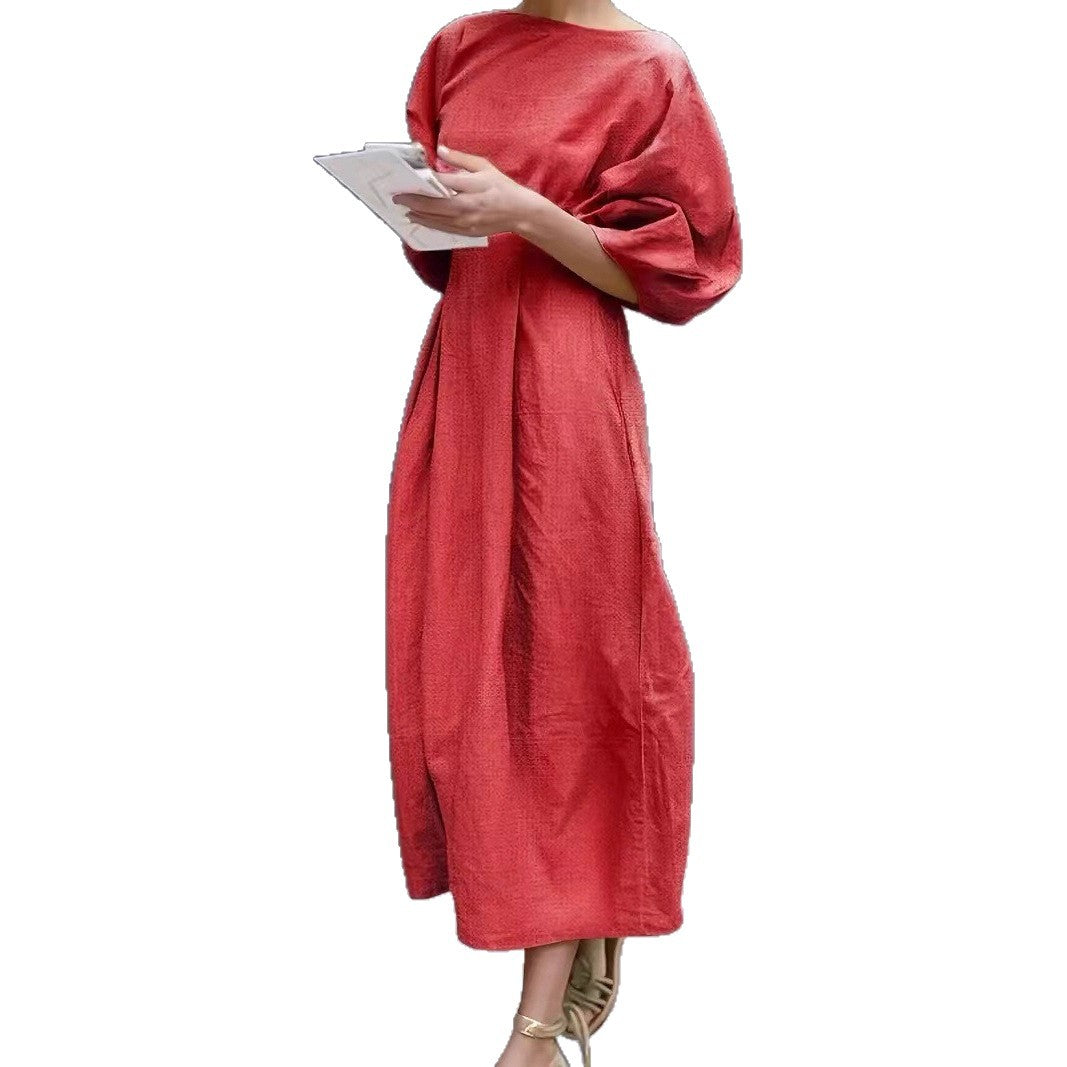 Casual Long Dress With A Round Neck And Bubble Sleeves