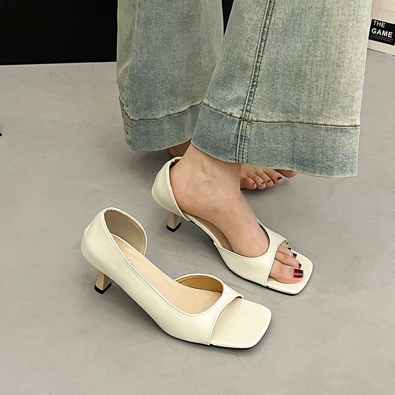 Summer Women French Style Soft Leather Square Peep Toe Slip-On Sandals, Elegant Versatile Thin High Heels