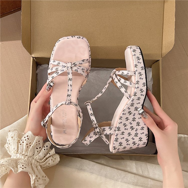 Women's Floral Print Sandals, 2026 Summer New Gorgeous French FairyStyle Platform HeightBoost Shoes For Petite Figures, Match With Dresses