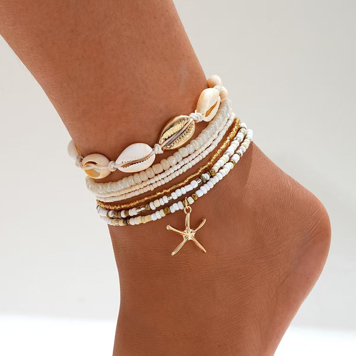 Resort-style Starfish Shell Rice-bead Anklet