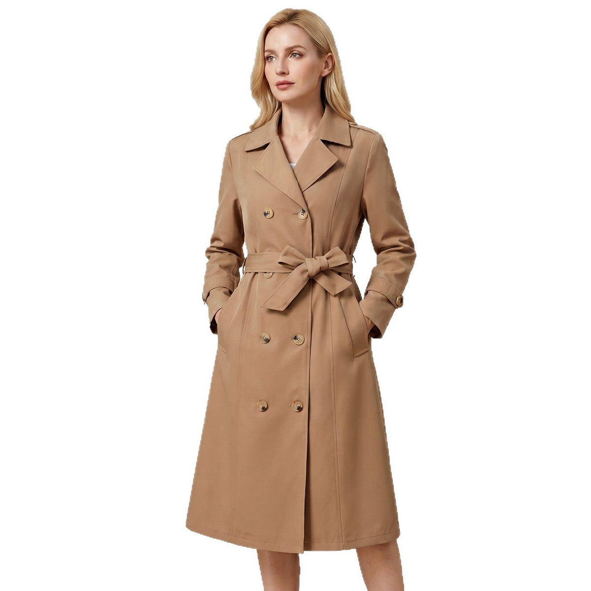 Casual Waist-cinching Long-length Elegant Womens Double-breasted Coat
