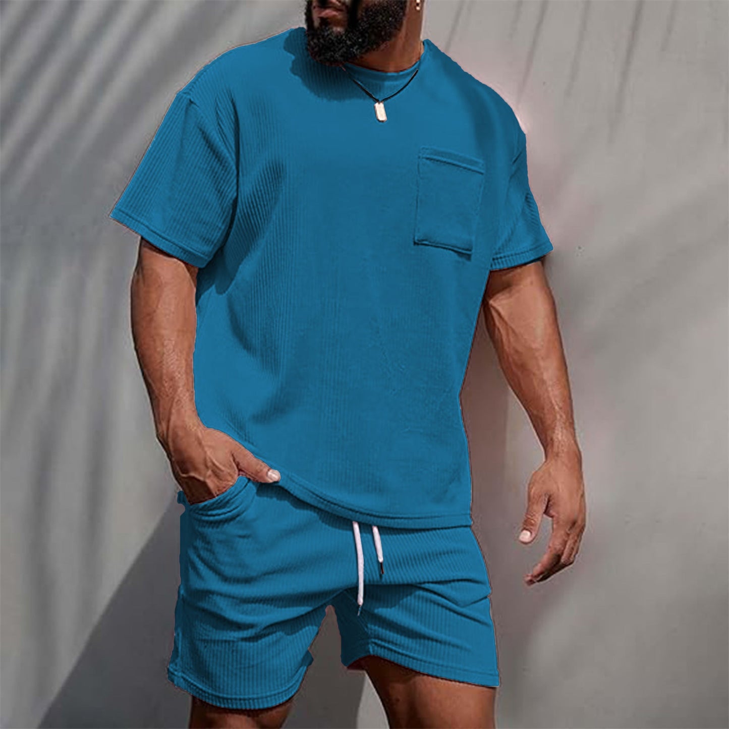 Mens Corduroy Casual Crew-Neck Shorts Set