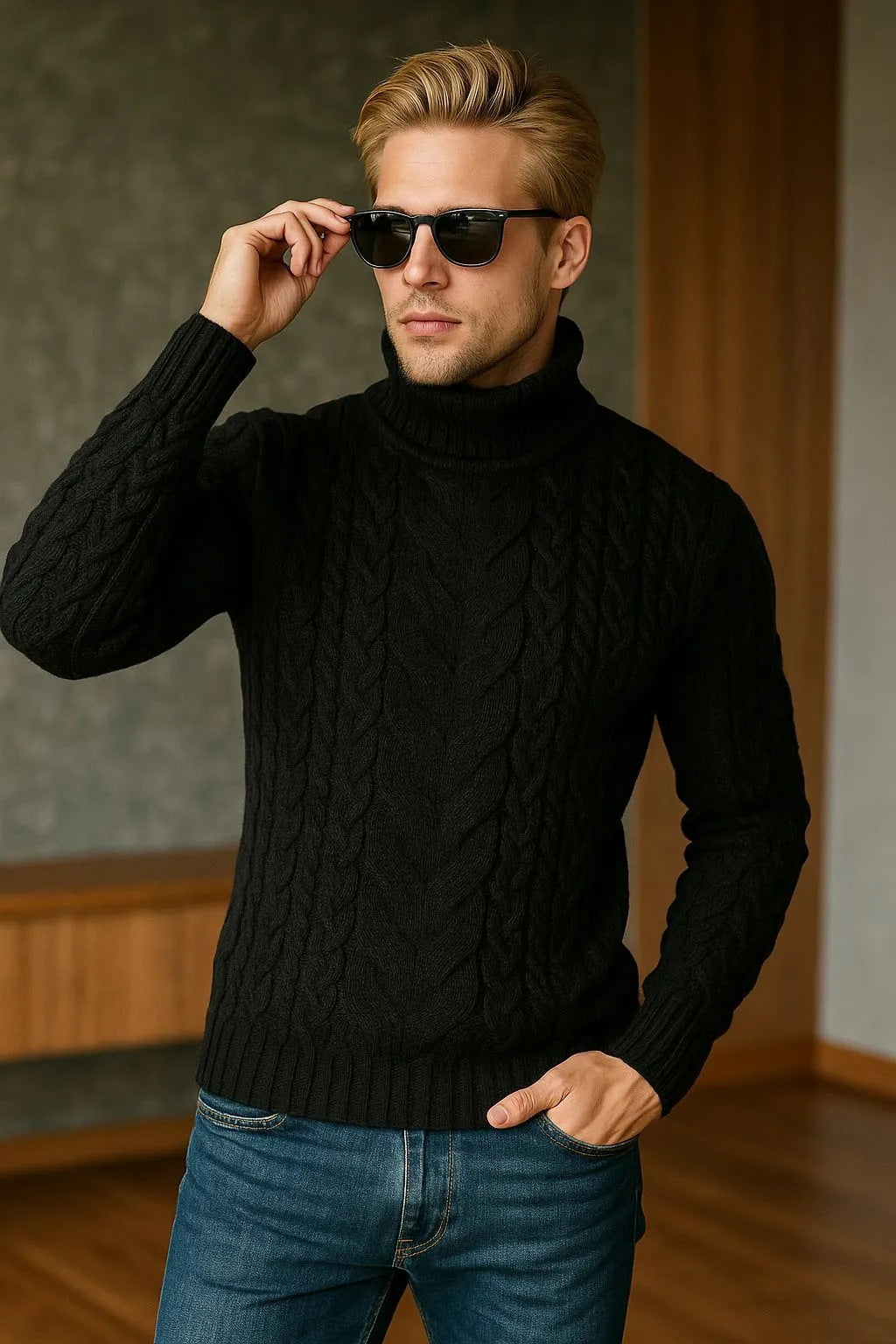 Mens Turtleneck Cable-Knit Sweater In Plus Sizes
