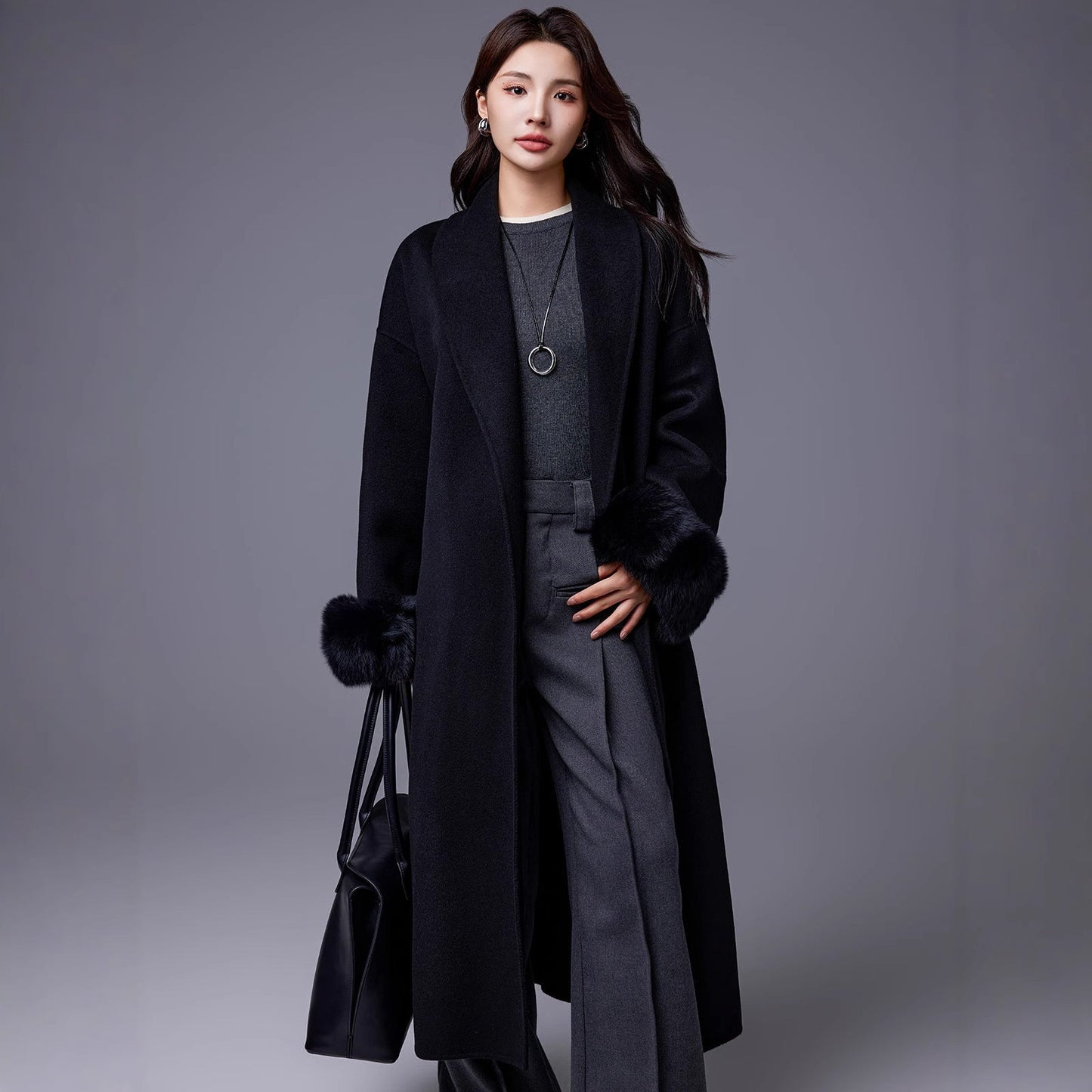 Thickened Coat With Fox-fur Sleeves Womens Belted Wool Blend