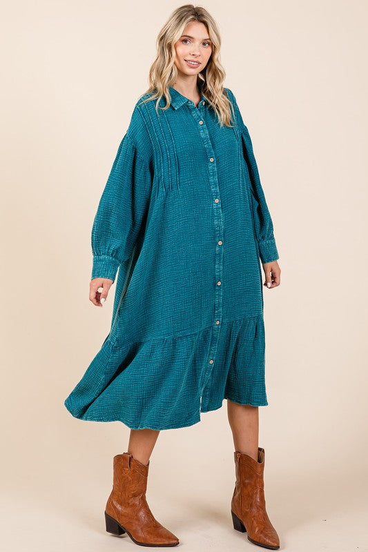 New Mineral Wash Cotton Gauze Ruffle Midi Shirt Dress For Women – Trendy, Chic, Casual & Feminine Design For Any Occasion