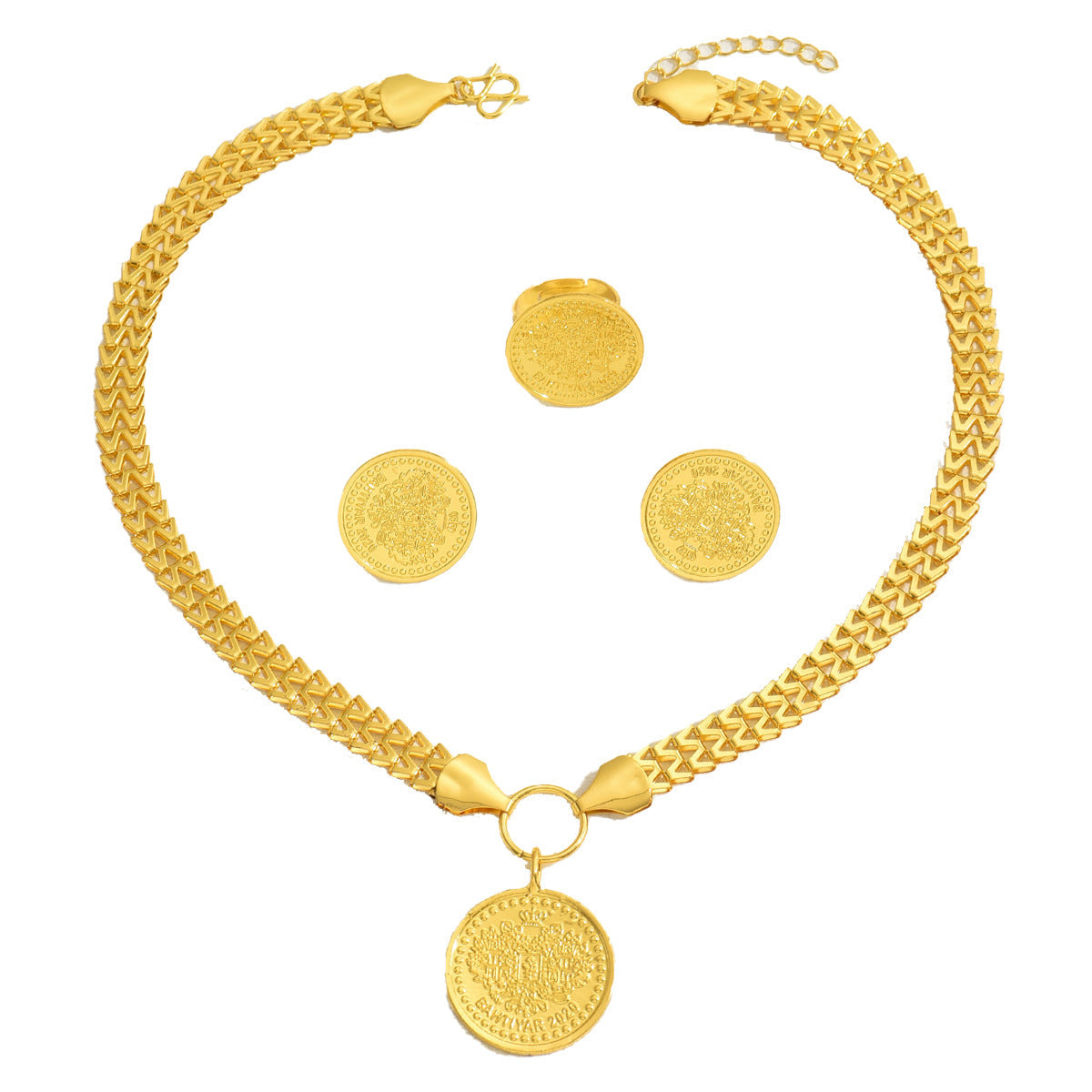 Fashion OL Tree Of Life Round Pendant Jewelry Set, Matching Necklace Earrings With Electroplated 18K Versatile Ring Women Accessories