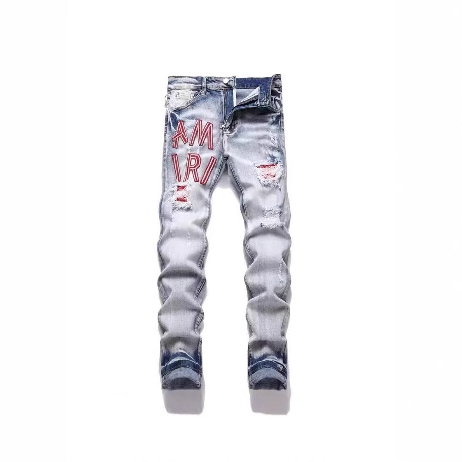 Punk Retro Blue Ripped Slim Fit Men's Jeans