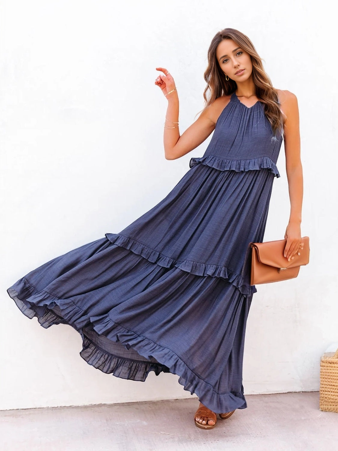 Romantic Ruffled Sleeveless Tiered Maxi Dress with Pockets Elegant & Chic Statement Beautiful Design Dress