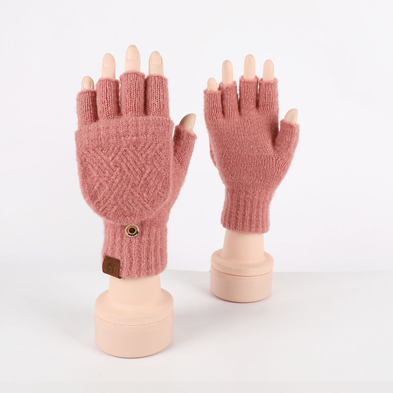 Flip-up Dual-use Half-finger Gloves For Womencold-proof And Warm-keeping