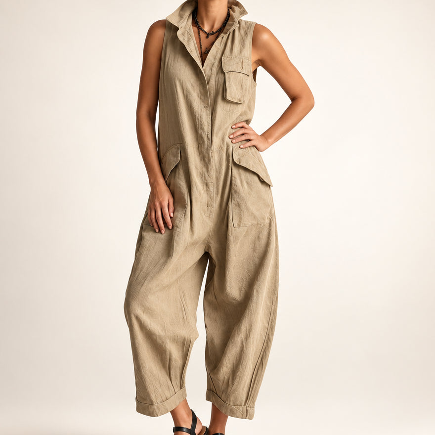 Women's Cotton Sleeveless Cargo Jumpsuit – Wide Leg Multi-Pocket