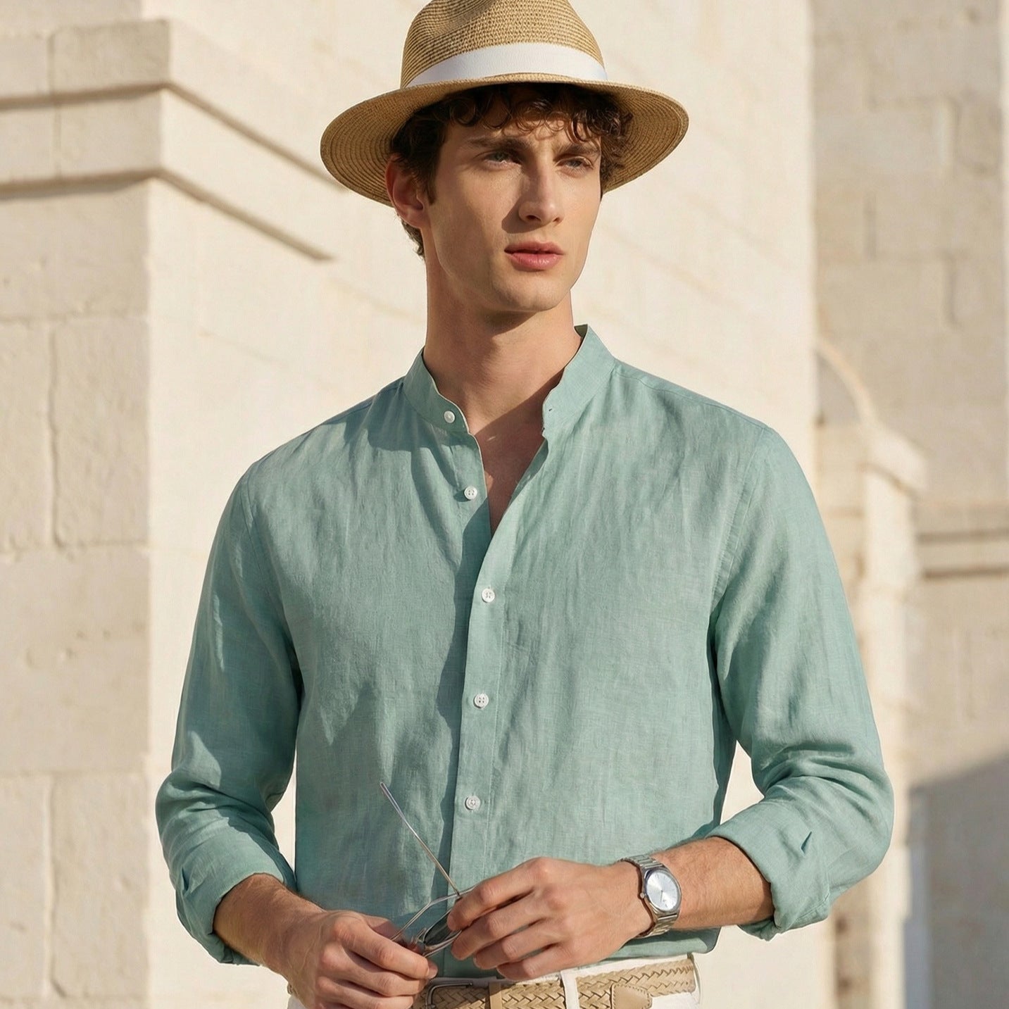 Italian Neapolitan Luxury Pure Natural Linen Mens Long Sleeve Shirt
