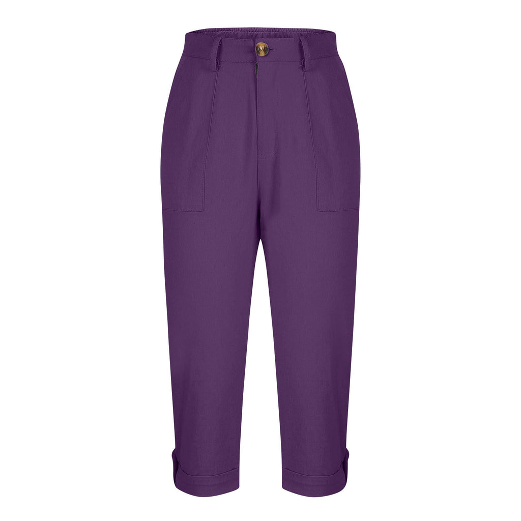 Womens Solid-color Buttoned Roll-up Capri Pants
