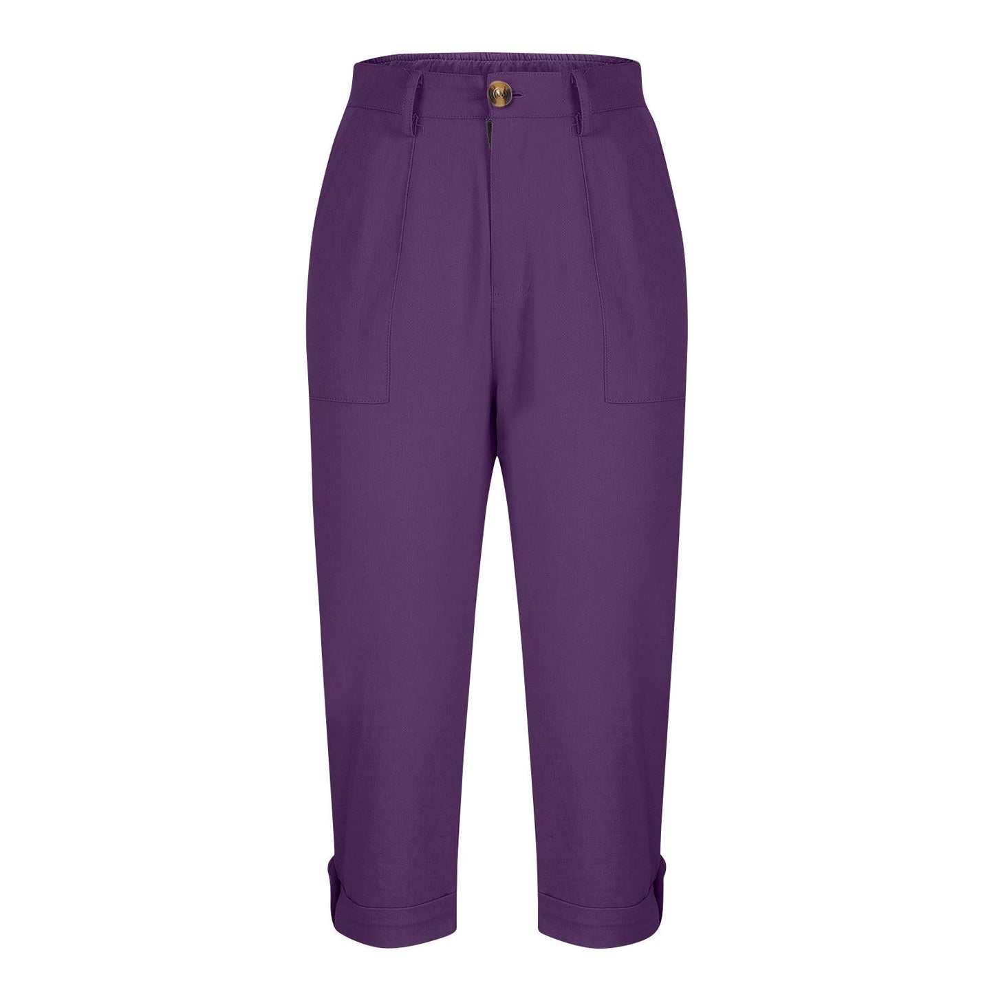 Womens Solid-color Buttoned Roll-up Capri Pants