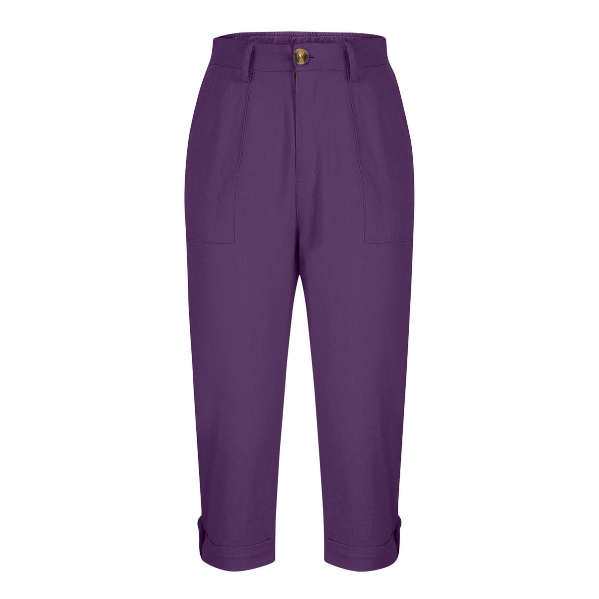 Womens Solid-color Buttoned Roll-up Capri Pants