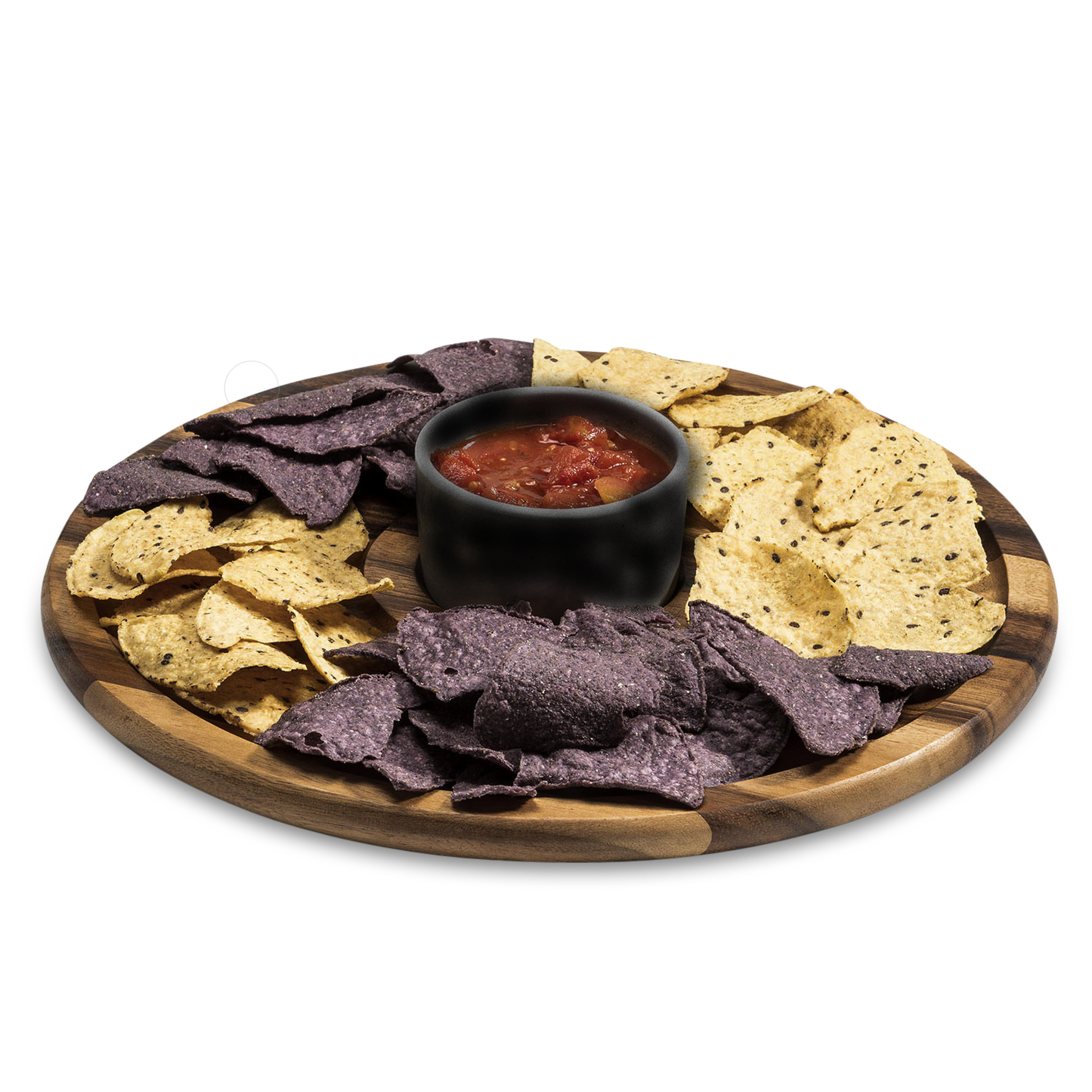 Plat de service à copeaux et trempette en bois d'acacia de 30,5 cm avec bol en céramique noire