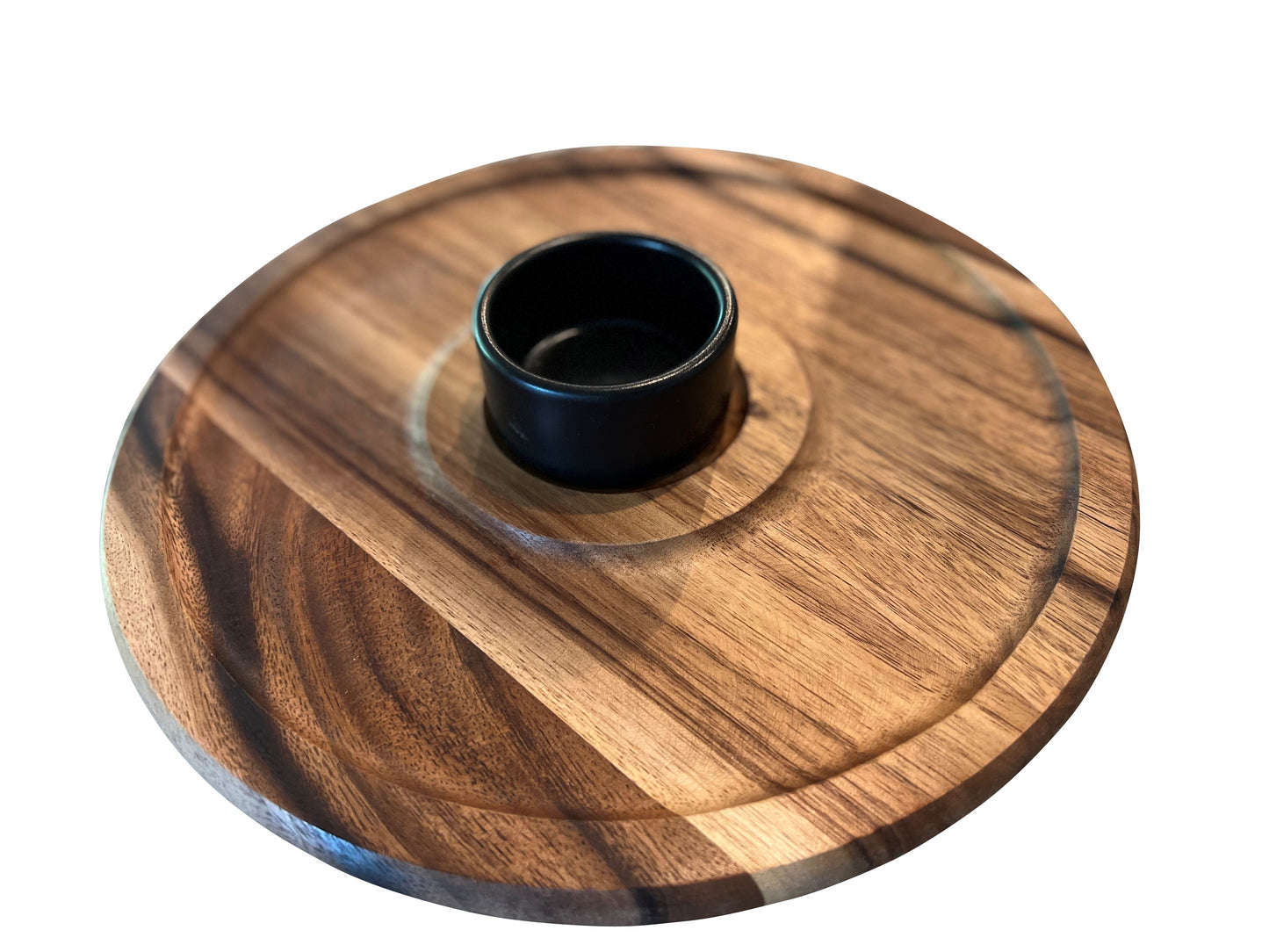 Plat de service à copeaux et trempette en bois d'acacia de 30,5 cm avec bol en céramique noire