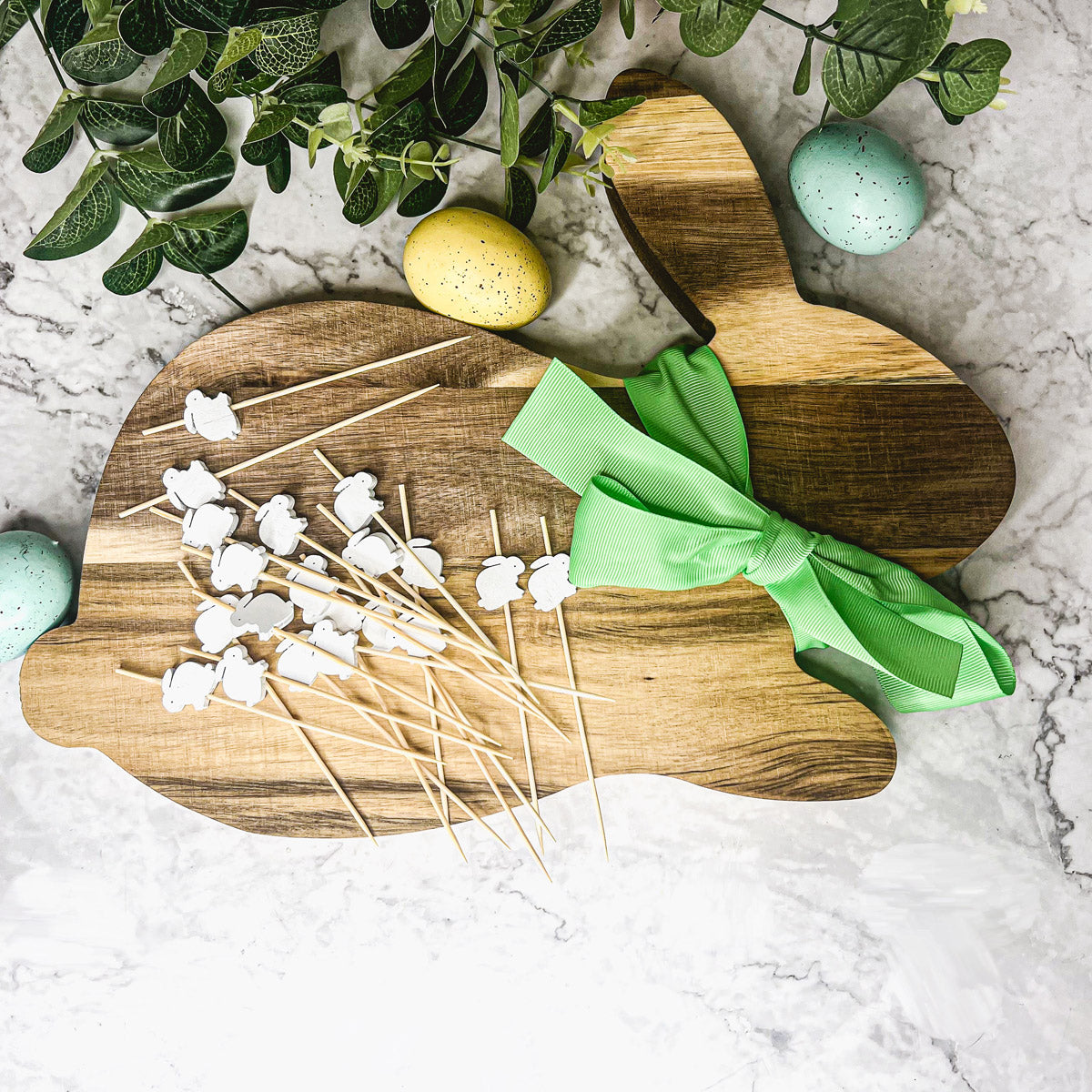 Acacia Wood Bunny Cutting Board With 20 Bunny Toothpicks And Ribbon Gift