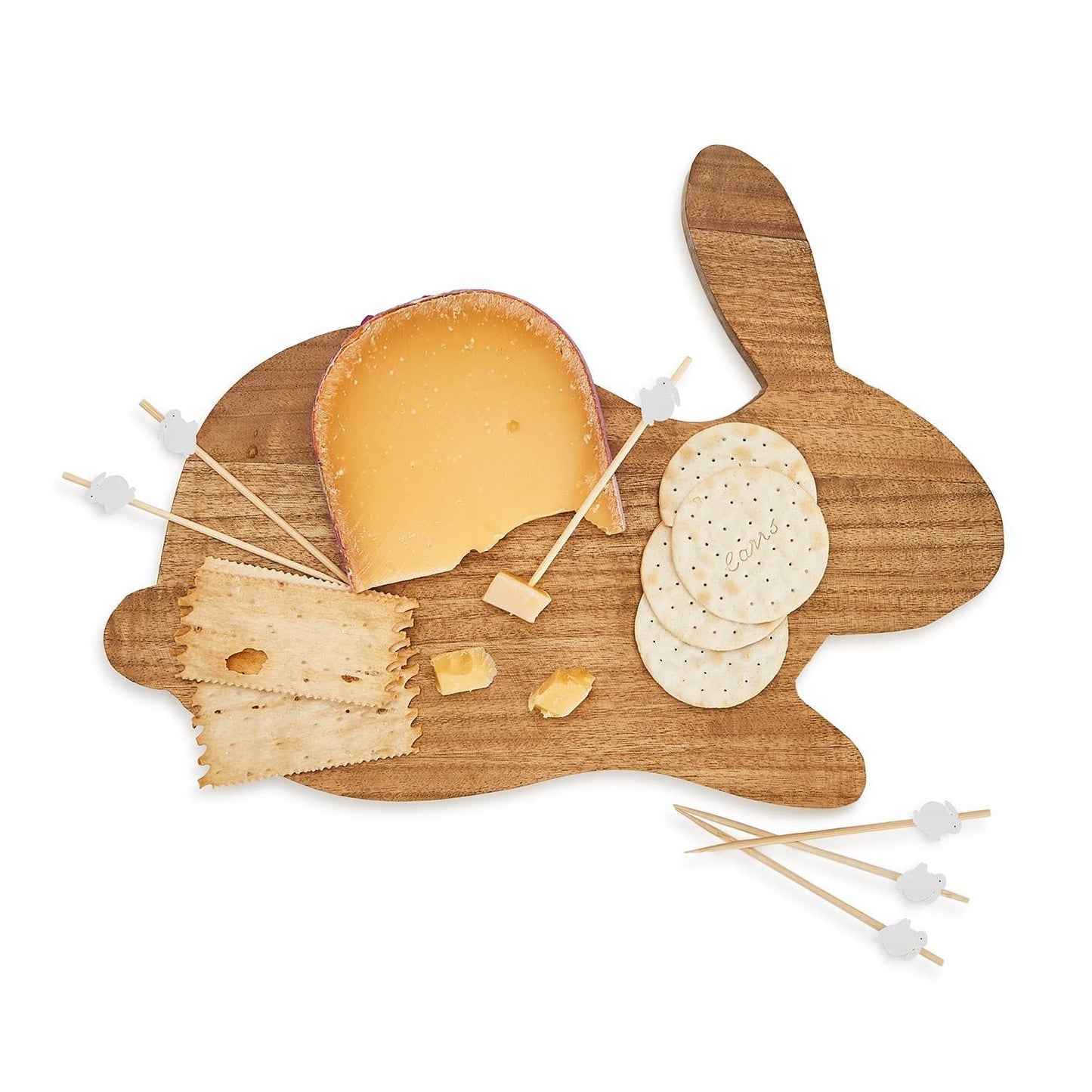 Acacia Wood Bunny Cutting Board With 20 Bunny Toothpicks And Ribbon Gift