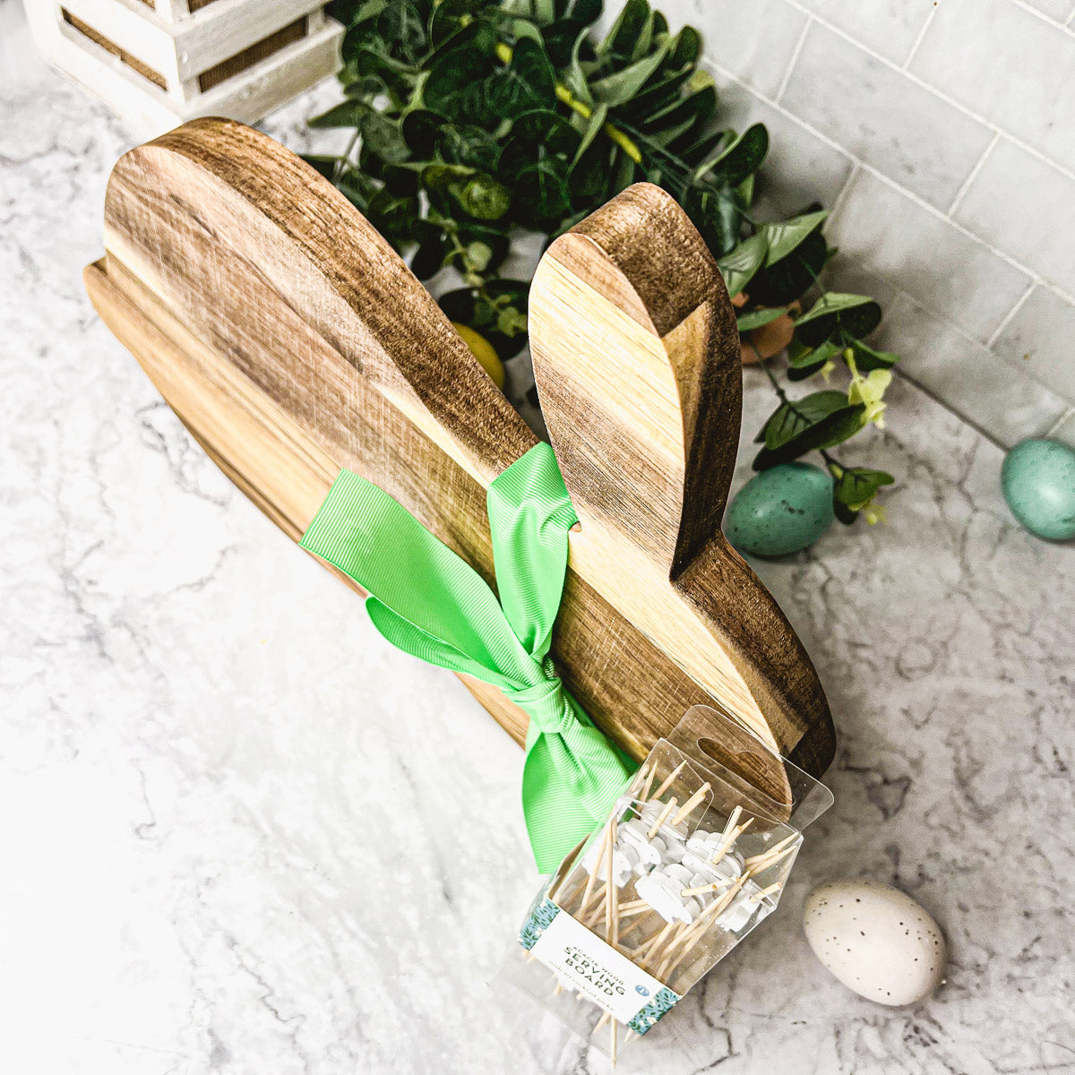 Acacia Wood Bunny Cutting Board With 20 Bunny Toothpicks And Ribbon Gift