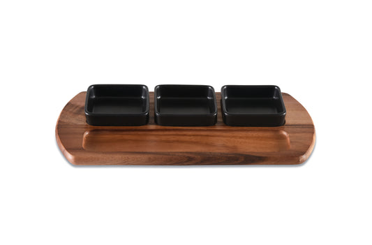 Acacia Wood Charcuterie Serving Tray 18 x 9 With 3 Black Ceramic Bowls