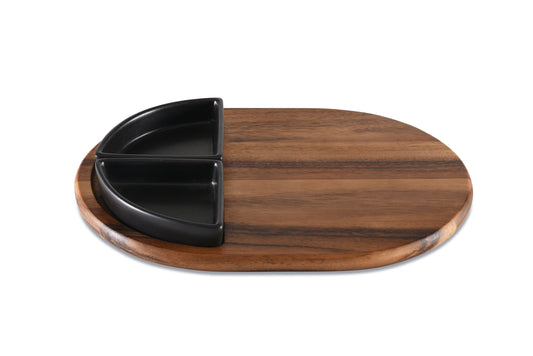 Plateau à charcuterie en bois d'acacia 38x28 cm avec 2 bols triangulaires en céramique noirs